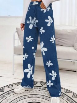 Stone Blue High Waisted Flower Printed Denim Jeans